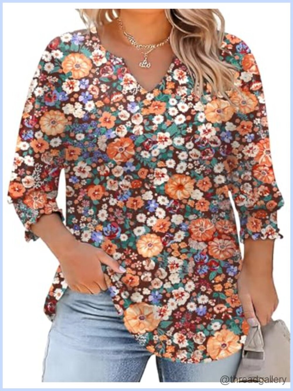 Plus Size 3/4 Sleeve V Neck Tunic Top Loose Fit Blouse